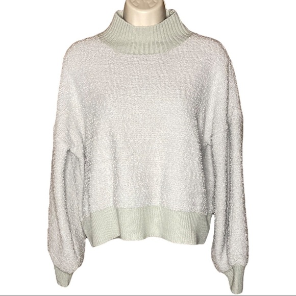 Debut | Green Cropped Sweater Mock Turtleneck Nubby Knit Bishop Sleeves L - Picture 1 of 5